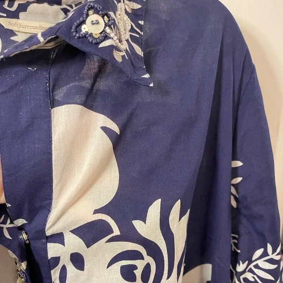 Soft Surroundings beaded tunic cotton blue white leaf print embellished 1X - Picture 9 of 12